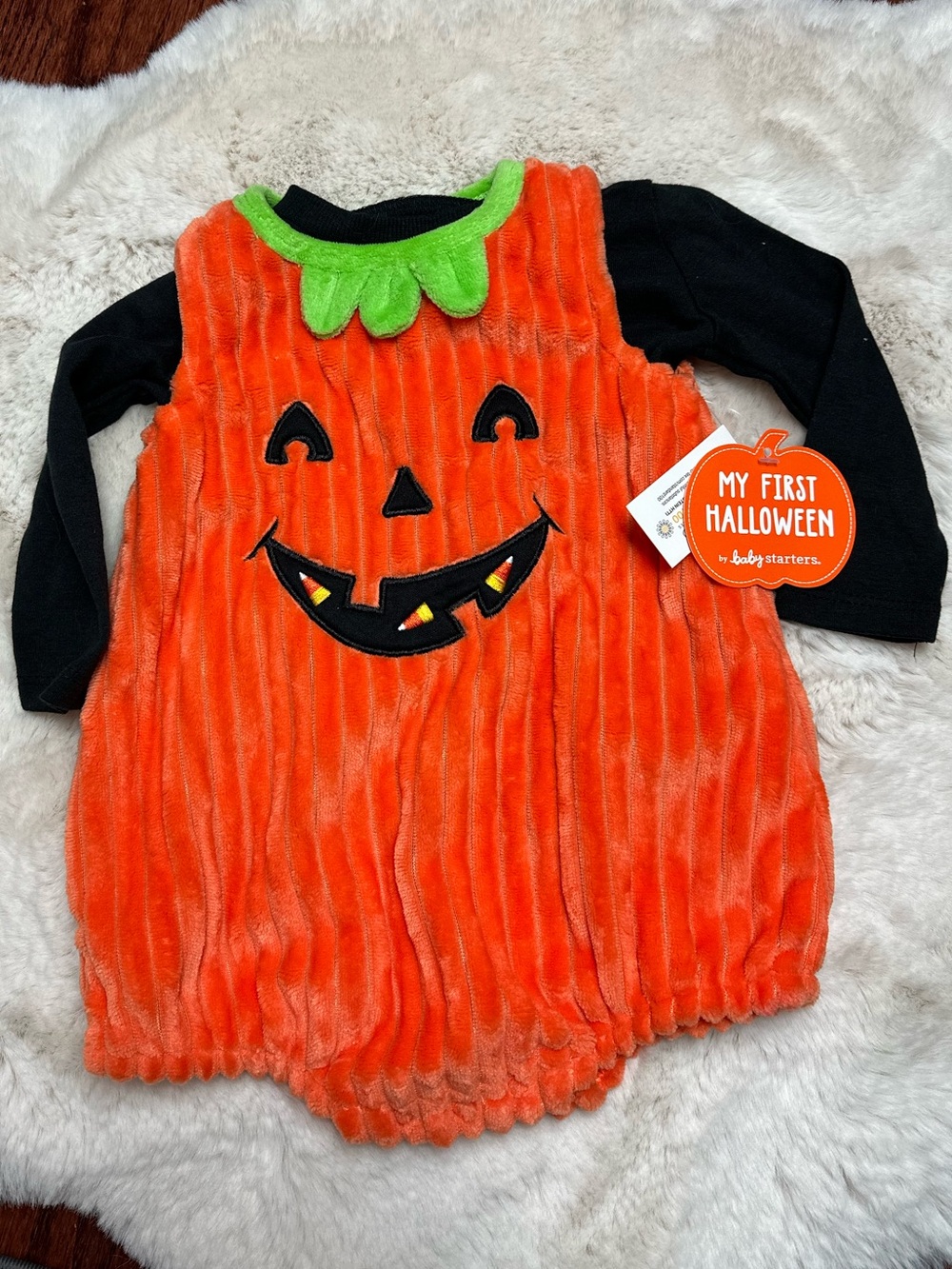 Baby Starters Orange Pumpkin Plush Romper with Green Collar